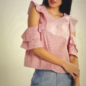 Club Monaco Hamisi Blouse Ruffle cold shoulder. Red and white strip. Sz M